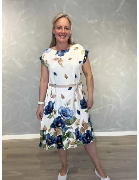 Kjole med blå blomsterprint og taljebånd til kvinder – TIPPY Collection
