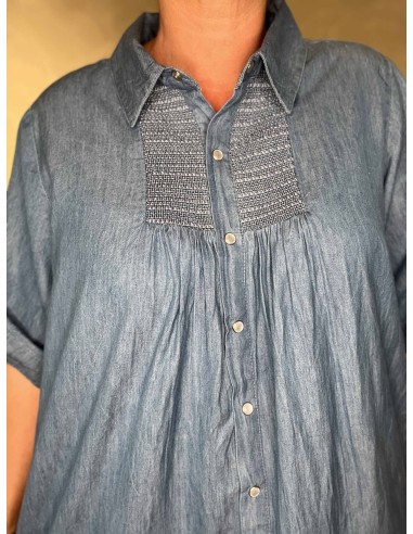 Krave og knaplukning på denim blå kjole – TIPPY