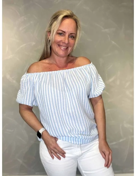 Sky mælkedreng stribet off shoulder bluse til kvinder – TIPPY Italian Select