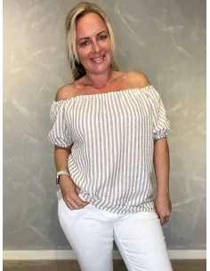 Beige mælkedreng stribet off shoulder bluse til kvinder – TIPPY Italian Select