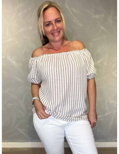Beige mælkedreng stribet off shoulder bluse til kvinder – TIPPY Italian Select