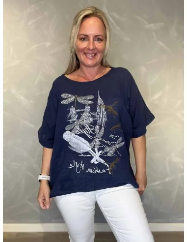 Navy bomulds bluse med dragonfly similisten til kvinder – TIPPY Italian Select