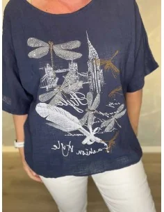 Navy bomulds bluse med dragonfly similisten til kvinder – TIPPY Italian Select 2