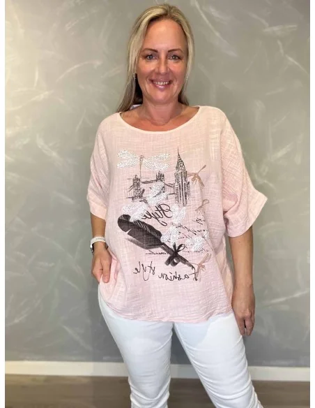 Rosa bomulds bluse med dragonfly similisten til kvinder – TIPPY Italian Select