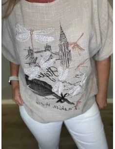 Sand bomulds bluse med dragonfly similisten til kvinder – TIPPY Italian Select 2