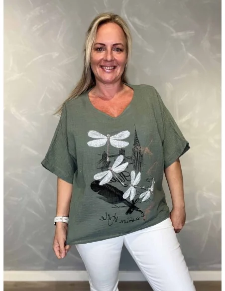 Grøn bomulds bluse med dragonfly similisten til kvinder – TIPPY Italian Select