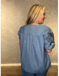 Denim blå bluse med broderiærmer til kvinder – Design By TIPPY 2