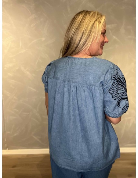 Bagside af denim blå bluse til kvinder – TIPPY