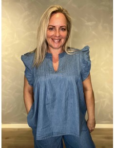 Denim blå bomuldsbluse med flæseærmer til kvinder – Design By TIPPY