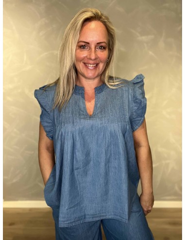 Denim blå bomuldsbluse med flæseærmer til kvinder – Design By TIPPY