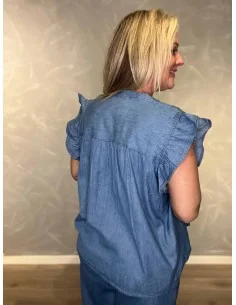 Denim blå bomuldsbluse med flæseærmer til kvinder – Design By TIPPY 2