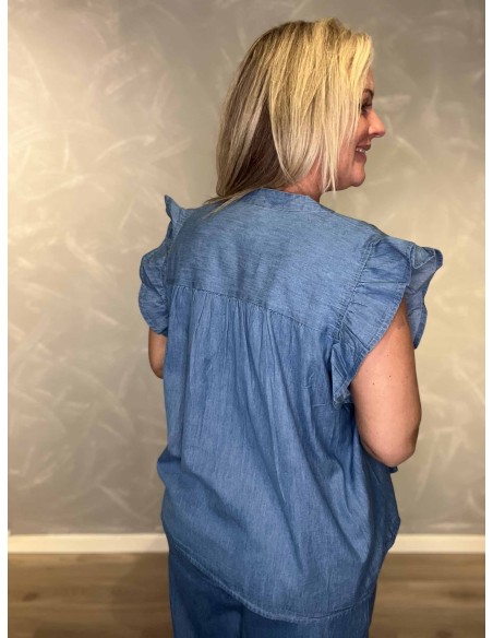 Bagside af denim blå bomuldsbluse til kvinder – TIPPY