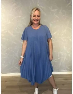 Jeans blå plisse kjole med asymmetrisk længde til kvinder – TIPPY Collection