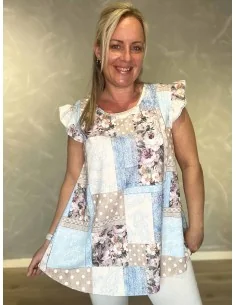Sky multi print bluse med flæseærmer til kvinder – TIPPY Italian Select