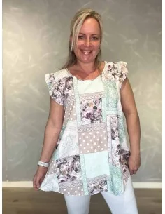Mint multi print bluse med flæseærmer til kvinder – TIPPY Italian Select