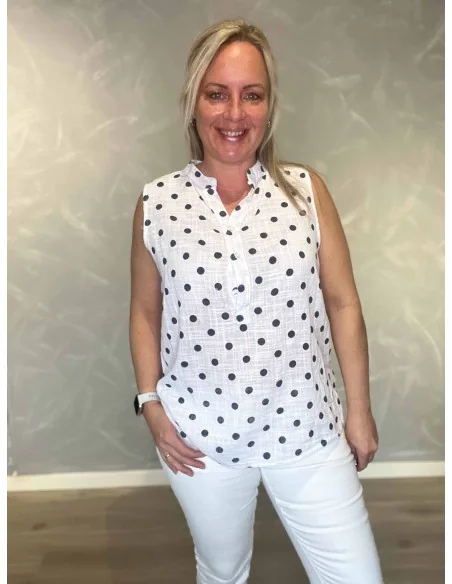 Hvid prikket ærmeløs skjorte bluse til kvinder – TIPPY Collection