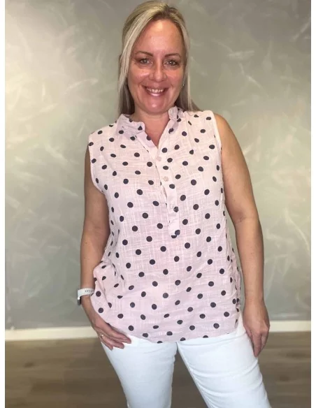 Rosa prikket ærmeløs skjorte bluse til kvinder – TIPPY Collection