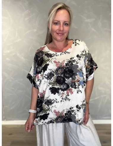 Sort bluse i viskosemix med blomster print og broderet look – Tippy Italian Select TIPPY