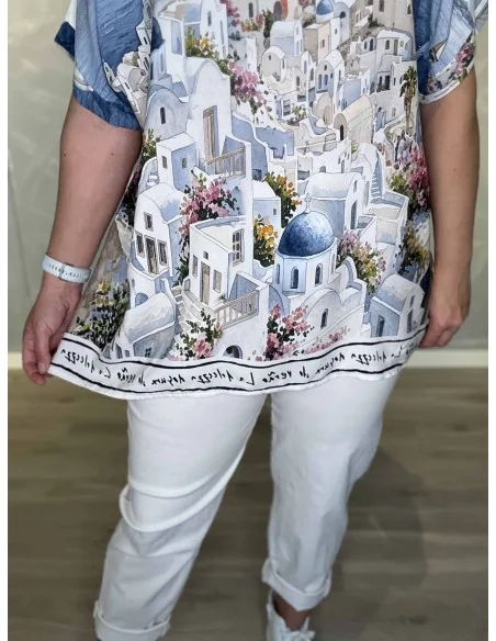 Græsk by print på sky bluse – TIPPY