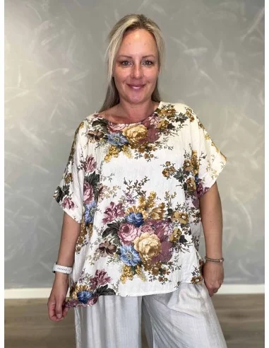 Multi farvet bluse i viskosemix med blomster print og broderet look – Tippy Italian Select TIPPY
