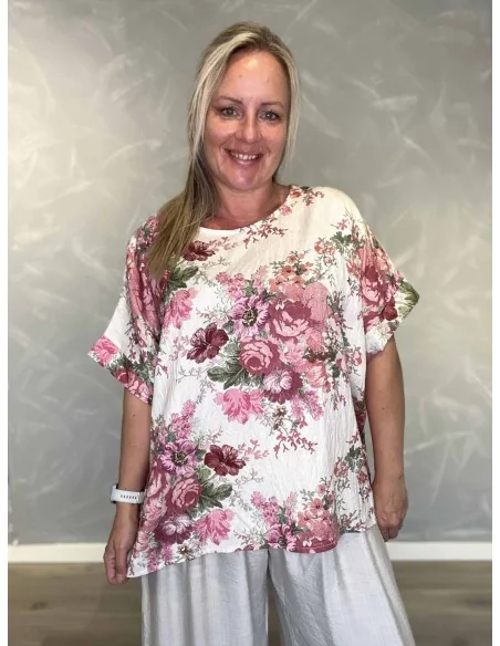 Rosa bluse i viskosemix med blomster print og broderet look – Tippy Italian Select TIPPY