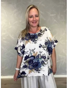 Navy bluse i viskosemix med blomster print og broderet look – Tippy Italian Select TIPPY