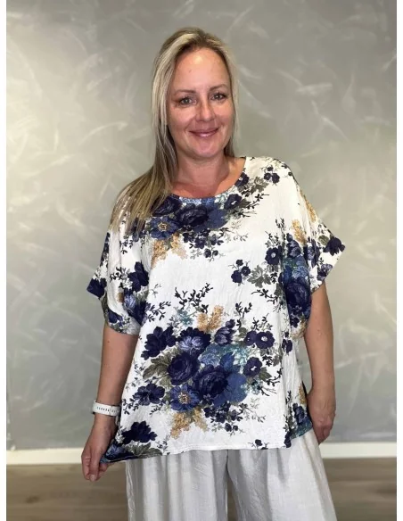 Navy bluse i viskosemix med blomster print og broderet look – Tippy Italian Select TIPPY