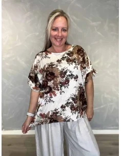 Brun bluse i viskosemix med blomster print og broderet look – Tippy Italian Select TIPPY