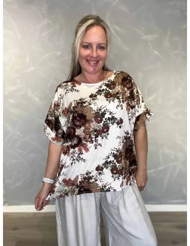 Brun bluse i viskosemix med blomster print og broderet look – Tippy Italian Select TIPPY