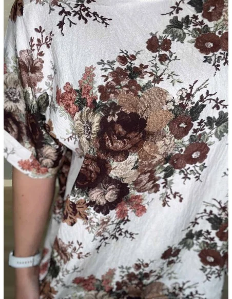 Blomster print med broderet look på brun bluse – TIPPY