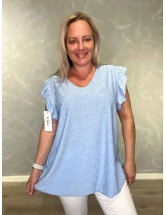 Sky broderie anglaise bluse i viskose og polyester med flæsekant – TIPPY Italian Select TIPPY