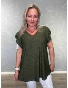 Grøn broderie anglaise bluse i viskose og polyester med flæsekant – TIPPY Italian Select TIPPY