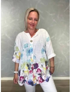 Hvid tunika med blomsterprint og V-udskæring – TIPPY Italian Select TIPPY