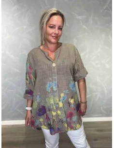 Taupe tunika med blomsterprint og V-udskæring – TIPPY Italian Select TIPPY