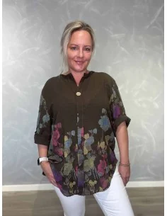 Brun tunika med blomsterprint og V-udskæring – TIPPY Italian Select TIPPY
