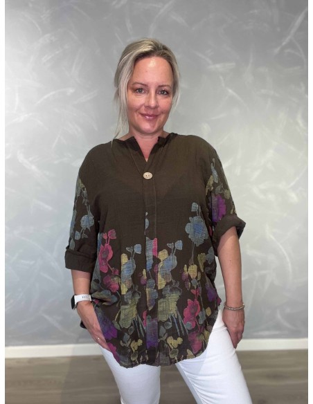 Brun tunika med blomsterprint og V-udskæring – TIPPY Italian Select TIPPY
