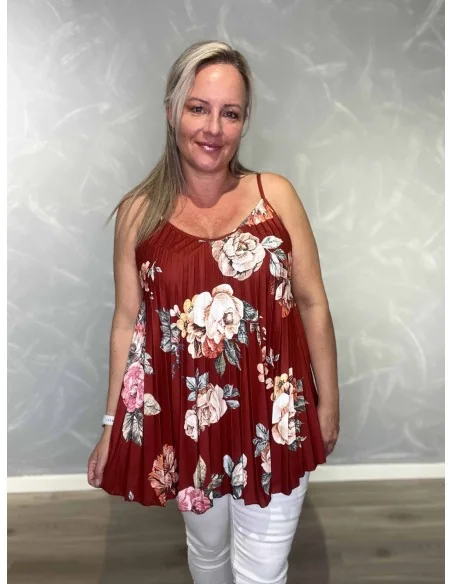 Bordeaux stroptop i polyester, viskose og elastan med blomsterprint – TIPPY Italian Select TIPPY