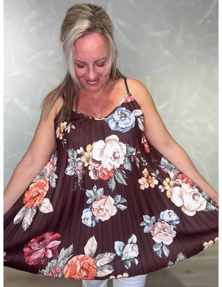 Blomsterprint på brun plissé stroptop – TIPPY