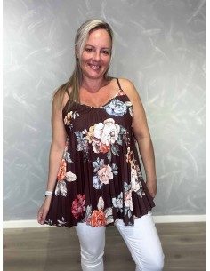 Brun stroptop i polyester, viskose og elastan med blomsterprint – TIPPY Italian Select TIPPY