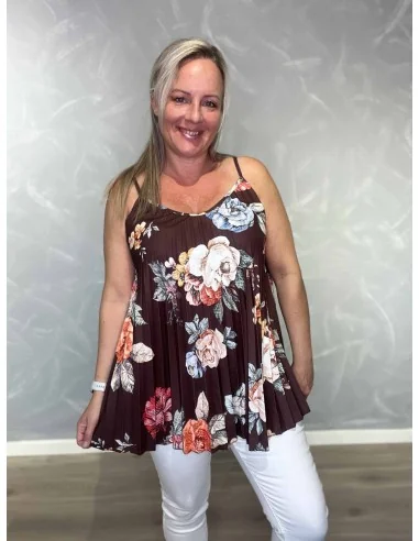 Brun stroptop i polyester, viskose og elastan med blomsterprint – TIPPY Italian Select TIPPY