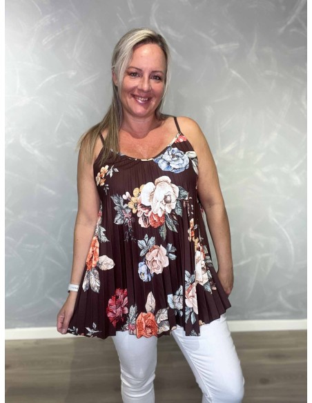 Brun stroptop i polyester, viskose og elastan med blomsterprint – TIPPY Italian Select TIPPY