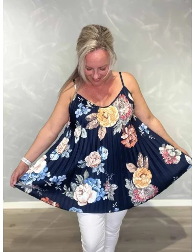 Blomsterprint på navy plissé stroptop – TIPPY