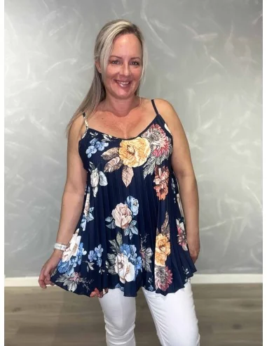 Navy stroptop i polyester, viskose og elastan med blomsterprint – TIPPY Italian Select TIPPY