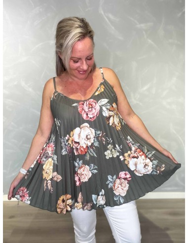 Blomsterprint på grøn plissé stroptop – TIPPY