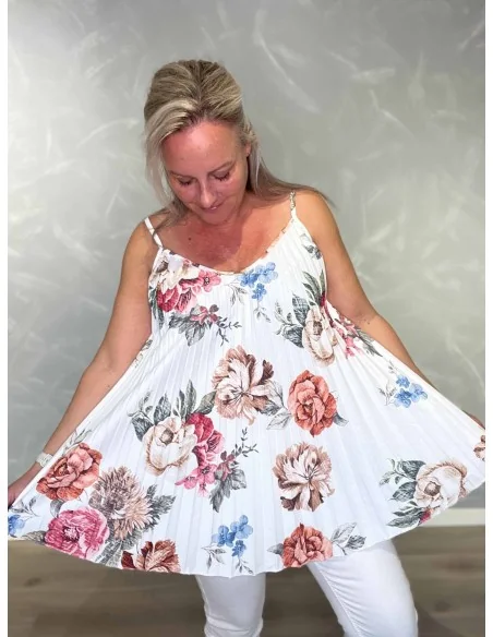 Blomsterprint på hvid plissé stroptop – TIPPY