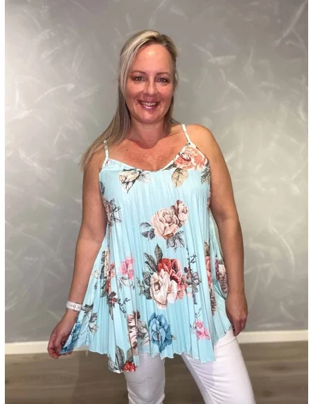Turkis stroptop i polyester, viskose og elastan med blomsterprint – TIPPY Italian Select TIPPY