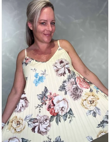 Blomsterprint på gul plissé stroptop – TIPPY