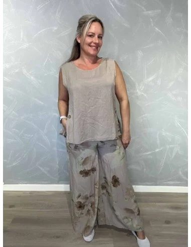 Gråt sæt i 100% viskose med blomstrede bukser – TIPPY Italian Select TIPPY