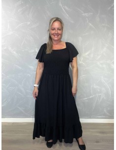 Sort kjole i polyester med smock og flæseærmer – TIPPY Collection TIPPY