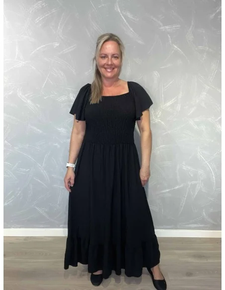 Sort kjole i polyester med smock og flæseærmer – TIPPY Collection TIPPY